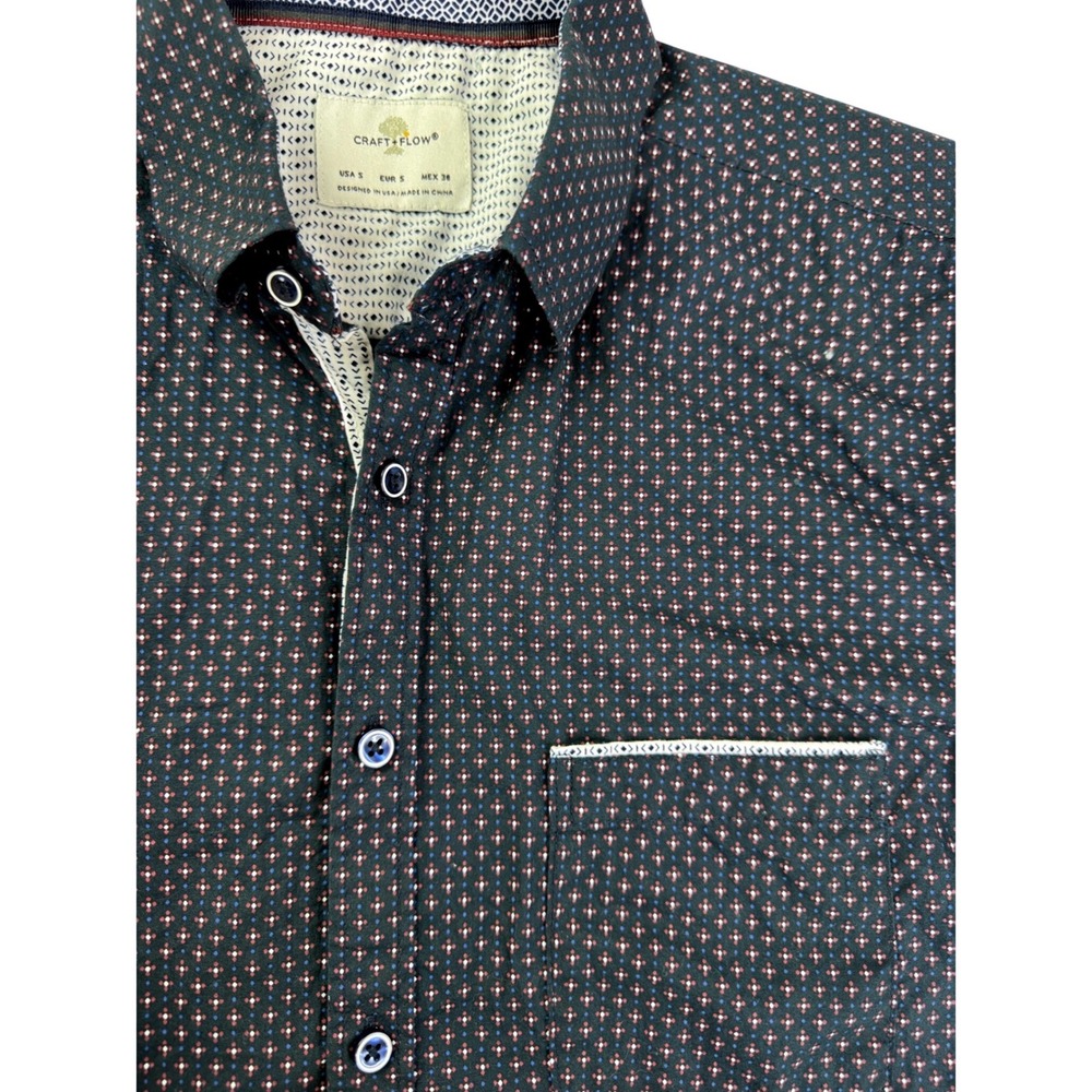 Craft + Flow Mens Navy Blue Geometric Mini Tile Dot Button Down Shirt Small prep